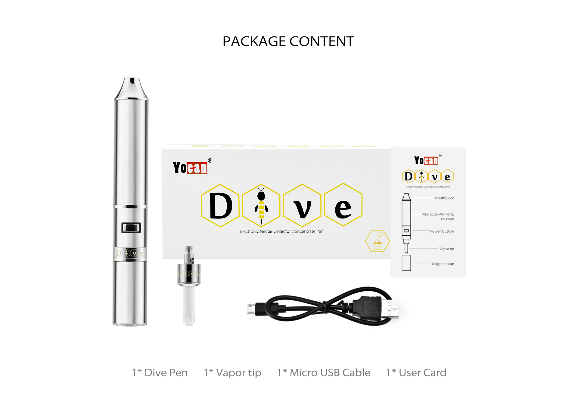 Yocan Dive Electronic Concentrate Pen package content.