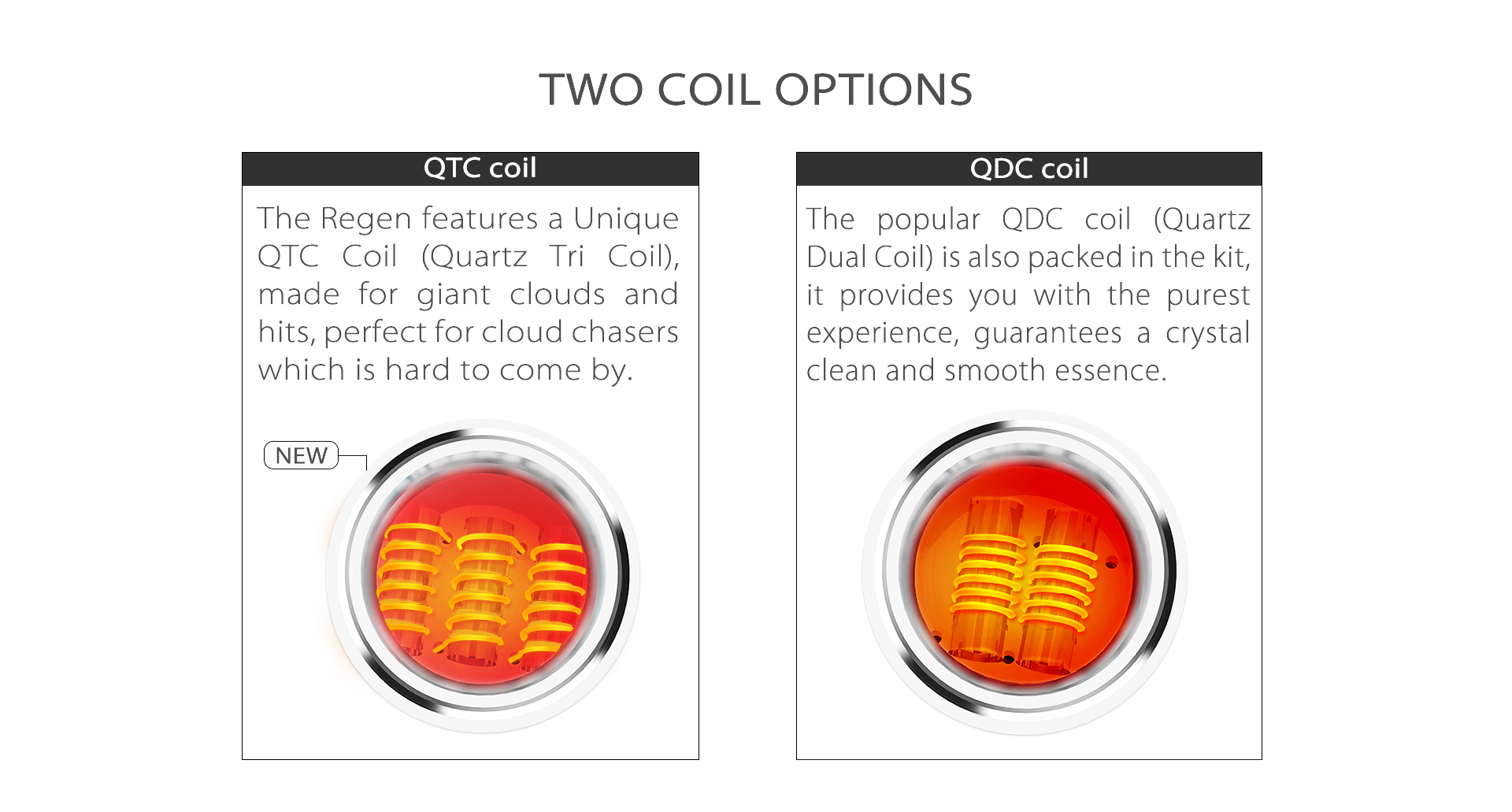 The Yocan Regen vaporizer pen provide two coil options: QTC (Quart Tri Coil) and QDC (Quartz Dual Coil).
