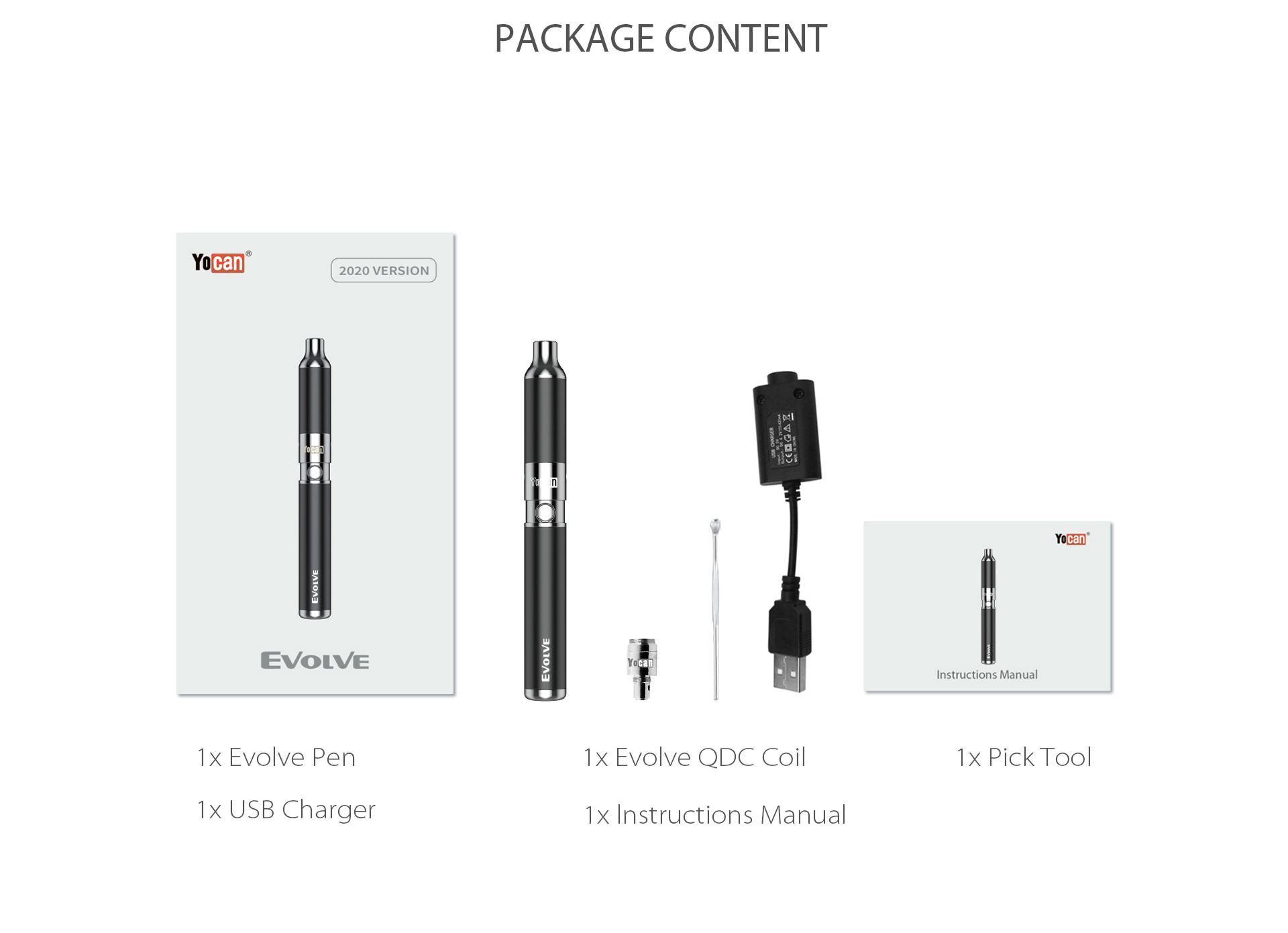 Yocan Evolve Vaporizer 2020 Version package content.